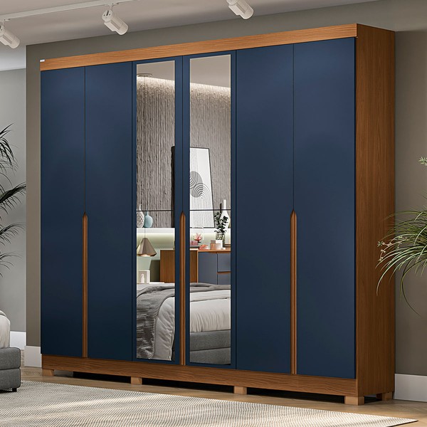 Guarda-Roupa Casal 6 Portas 4 Gavetas com Espelho Cb01r582 Canela/Azul Profundo - Kappesberg