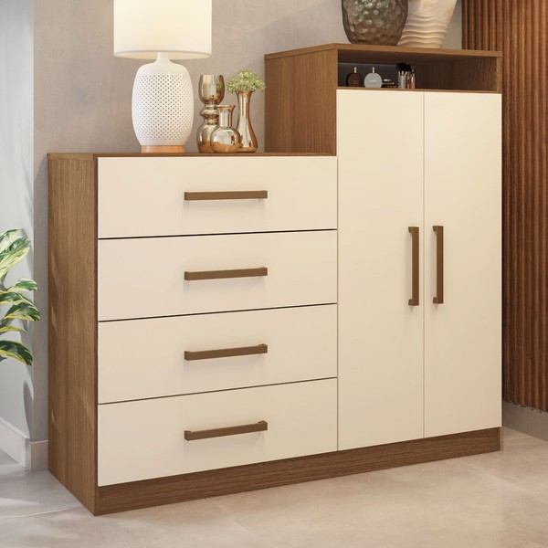 Cômoda áurea 2 Portas 4 Gavetas Amêndola/Off-White - Demóbile