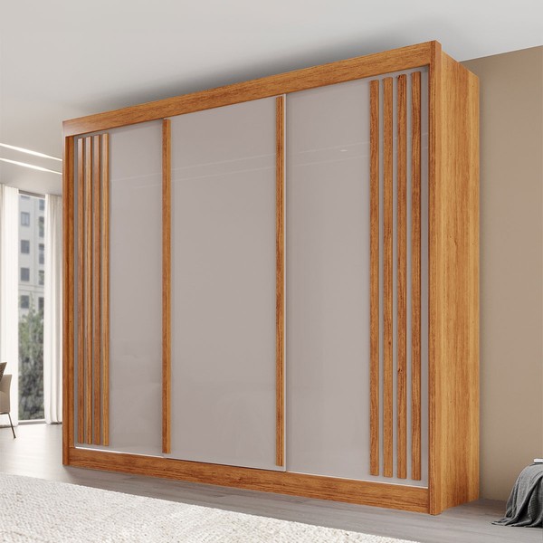 Guarda-Roupa Casal Dortmund 3 Portas 4 Gavetas Ripado 100% Mdf Cinamomo/Off White - Pnr Móveis