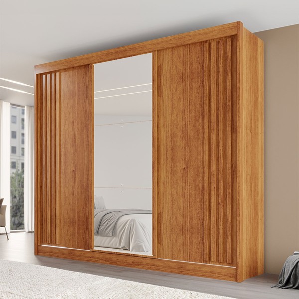 Guarda-Roupa Casal Dortmund 3 Portas 4 Gavetas com Espelho Ripado 100% Mdf Cinamomo - Pnr Móveis