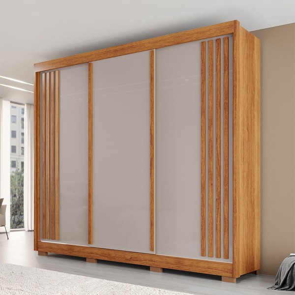 Guarda-Roupa Casal Dortmund 3 Portas 4 Gavetas com Pés Ripado 100% Mdf Cinamomo/Off White - Pnr Móveis