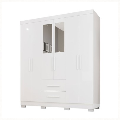 Guarda-Roupa Casal Diamante Premium 6 Portas 2 Gavetas com Pés e Espelho Branco - Pnr Móveis