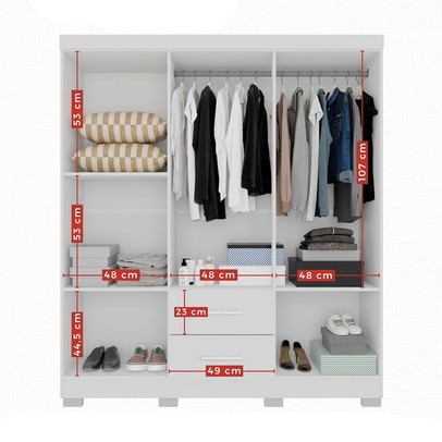 Guarda-Roupa Casal Diamante Premium 6 Portas 2 Gavetas com Pés e Espelho Branco - Pnr Móveis