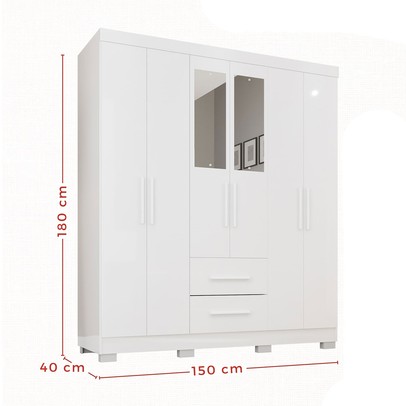 Guarda-Roupa Casal Diamante Premium 6 Portas 2 Gavetas com Pés e Espelho Branco - Pnr Móveis