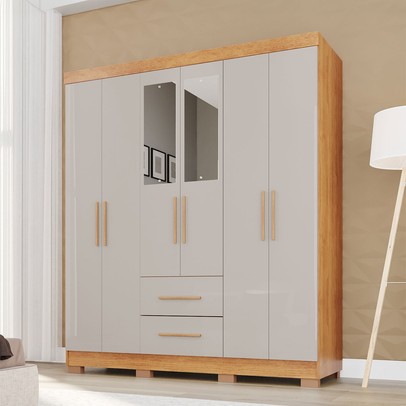 Guarda-Roupa Casal Diamante Premium 6 Portas 2 Gavetas com Pés e Espelho Cinamomo/Off White - Pnr Móveis