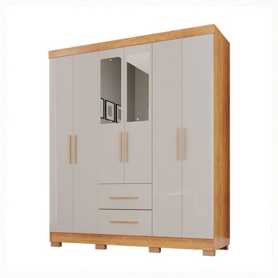 Guarda-Roupa Casal Diamante Premium 6 Portas 2 Gavetas com Pés e Espelho Cinamomo/Off White - Pnr Móveis