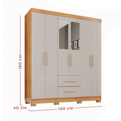Guarda-Roupa Casal Diamante Premium 6 Portas 2 Gavetas com Pés e Espelho Cinamomo/Off White - Pnr Móveis