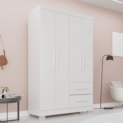 Guarda-Roupa Solteiro Diamante Premium 4 Portas 2 Gavetas com Pé Branco - Pnr Móveis