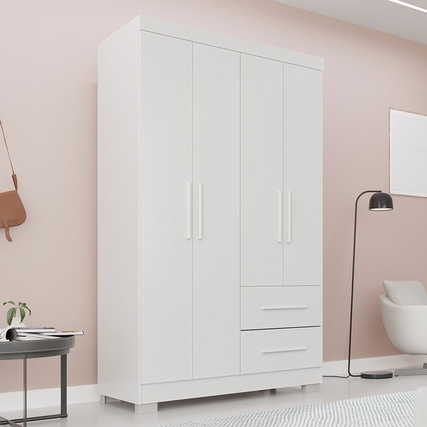 Guarda-Roupa Solteiro Diamante Premium 4 Portas 2 Gavetas com Pé Branco - Pnr Móveis