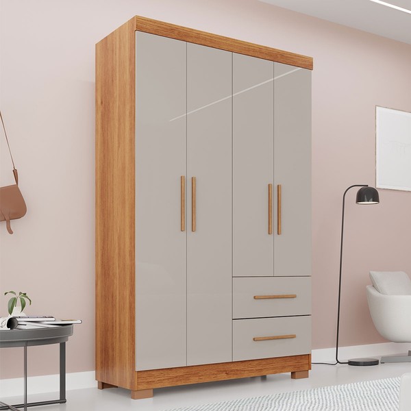Guarda-Roupa Solteiro Diamante Premium 4 Portas 2 Gavetas com Pé Cinamomo/Off White - Pnr Móveis