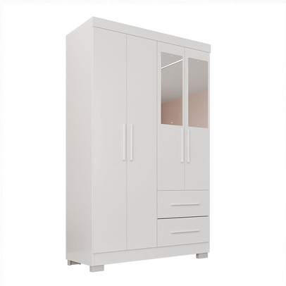 Guarda-Roupa Diamante Premium 4 Portas 2 Gavetas com Pés e Espelho Branco - Pnr Móveis