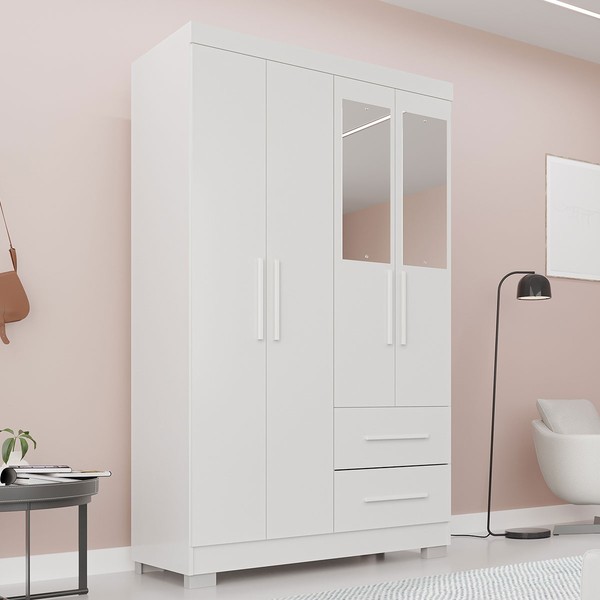 Guarda-Roupa Diamante Premium 4 Portas 2 Gavetas com Pés e Espelho Branco - Pnr Móveis