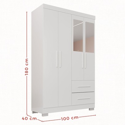 Guarda-Roupa Diamante Premium 4 Portas 2 Gavetas com Pés e Espelho Branco - Pnr Móveis
