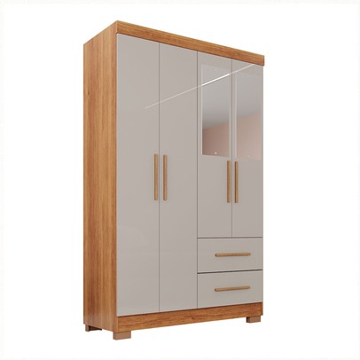 Guarda-Roupa Diamante Premium 4 Portas 2 Gavetas com Pés e Espelho Cinamomo/Off White - Pnr Móveis