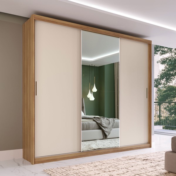 Guarda-Roupa Casal Dalila 3 Portas 4 Gavetas 100% Mdf com Espelho Flex Amêndola/Off-White - Demóbile