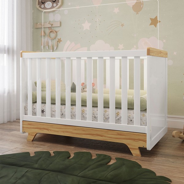 Berço Americano 2 em 1 Retrô 100% Mdf Branco Brilho/Amêndoa - Móveis Peroba