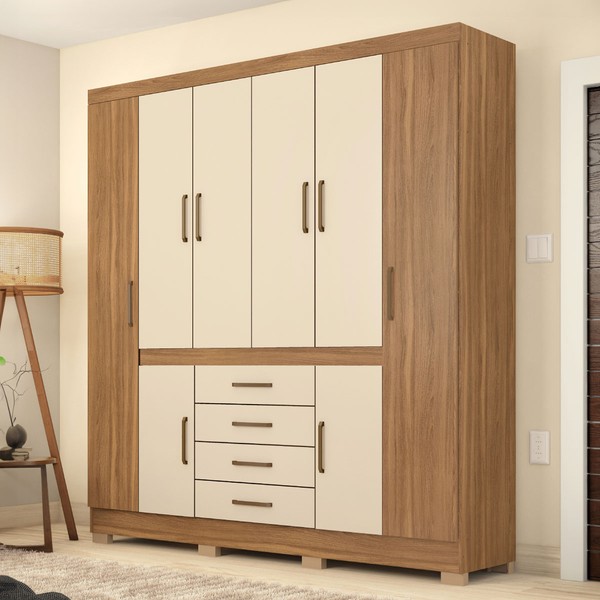 Guarda-Roupa Casal New Realce 8 Portas 3 Gavetas Amêndola/Off-White Demóbile