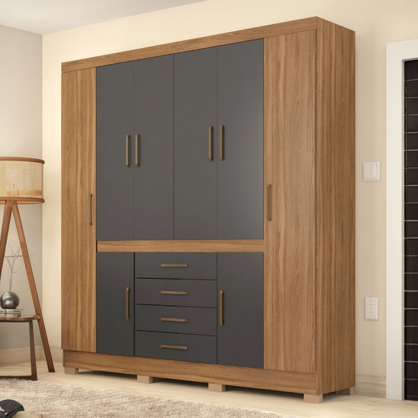 Guarda-Roupa Casal New Realce 8 Portas 3 Gavetas Amêndola/Grafito - Demóbile