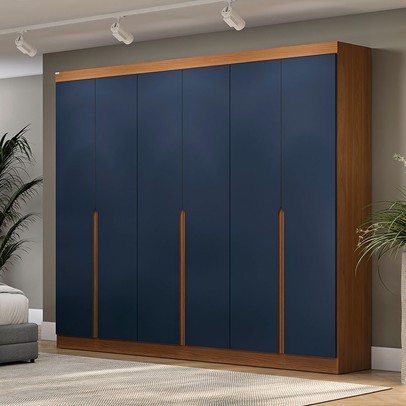 Guarda-Roupa Casal 6 Portas 4 Gavetas R582 Canela/Azul - Kappesberg