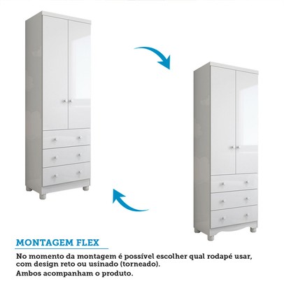 Guarda-Roupa de Bebê Júnior New 2 Portas 3 Gavetas 100% Mdf Branco Brilho - Móveis Peroba