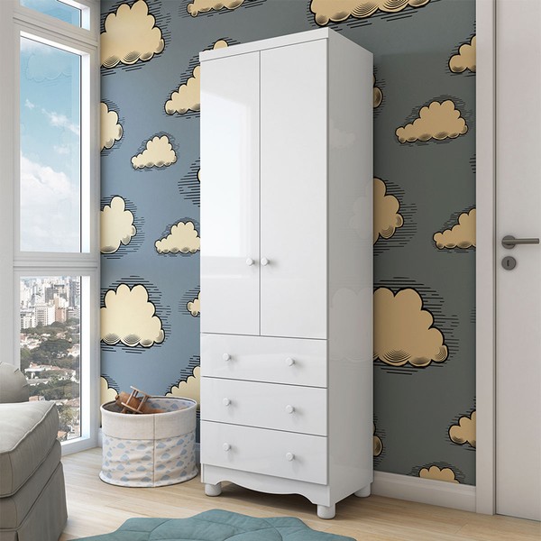 Guarda-Roupa de Bebê Júnior New 2 Portas 3 Gavetas 100% Mdf Branco Brilho - Móveis Peroba