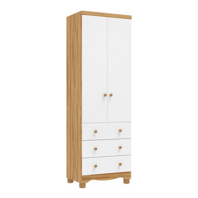 Guarda-Roupa de Bebê Júnior New 2 Portas 3 Gavetas 100% Mdf Branco Brilho/Amêndoa - Móveis Peroba