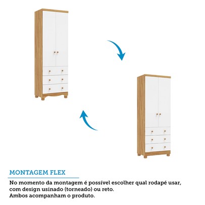 Guarda-Roupa de Bebê Júnior New 2 Portas 3 Gavetas 100% Mdf Branco Brilho/Amêndoa - Móveis Peroba