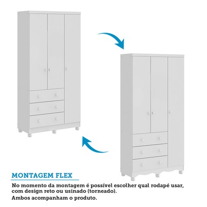 Guarda-Roupa de Bebê Júnior New 3 Portas 3 Gavetas 100% Mdf Branco Brilho - Móveis Peroba