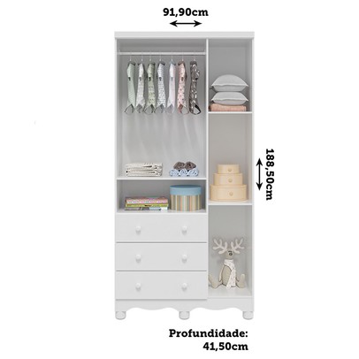 Guarda-Roupa de Bebê Júnior New 3 Portas 3 Gavetas 100% Mdf Branco Brilho - Móveis Peroba
