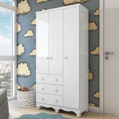 Guarda-Roupa de Bebê Júnior New 3 Portas 3 Gavetas 100% Mdf Branco Brilho - Móveis Peroba