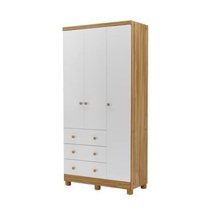 Guarda-Roupa de Bebê Júnior New 3 Portas 3 Gavetas 100% Mdf Branco Brilho/Amêndoa - Móveis Peroba
