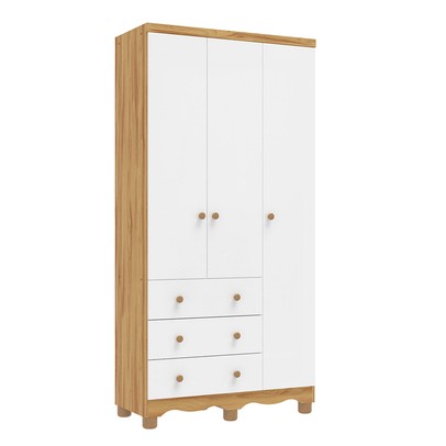 Guarda-Roupa de Bebê Júnior New 3 Portas 3 Gavetas 100% Mdf Branco Brilho/Amêndoa - Móveis Peroba
