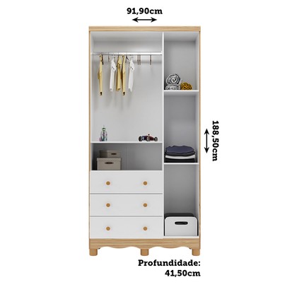 Guarda-Roupa de Bebê Júnior New 3 Portas 3 Gavetas 100% Mdf Branco Brilho/Amêndoa - Móveis Peroba