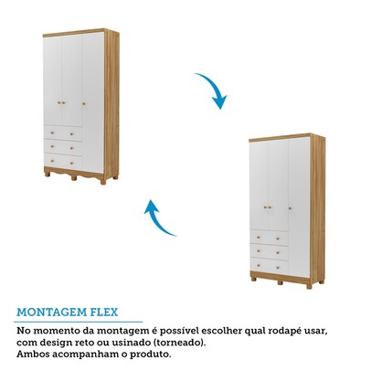 Guarda-Roupa de Bebê Júnior New 3 Portas 3 Gavetas 100% Mdf Branco Brilho/Amêndoa - Móveis Peroba