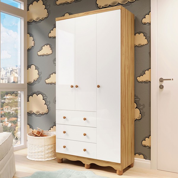 Guarda-Roupa de Bebê Júnior New 3 Portas 3 Gavetas 100% Mdf Branco Brilho/Amêndoa - Móveis Peroba