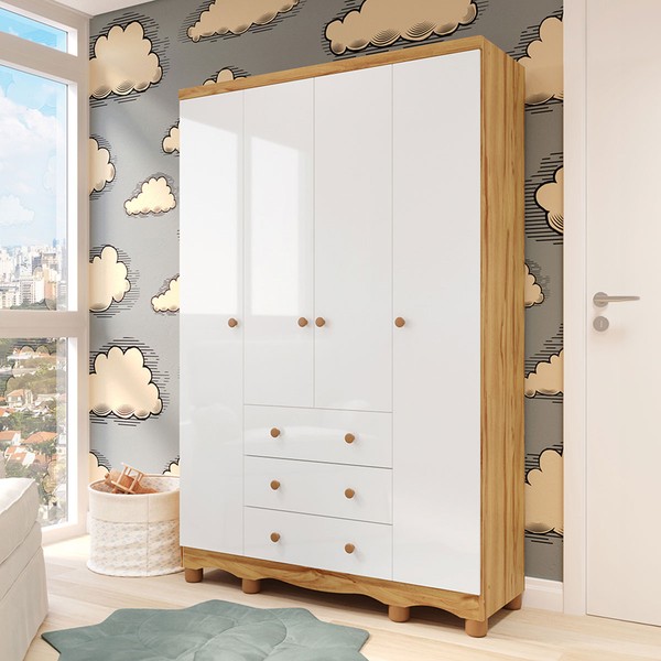 Guarda-Roupa de Bebê Júnior New 4 Portas 3 Gavetas 100% Mdf Branco Brilho/Amêndoa - Móveis Peroba