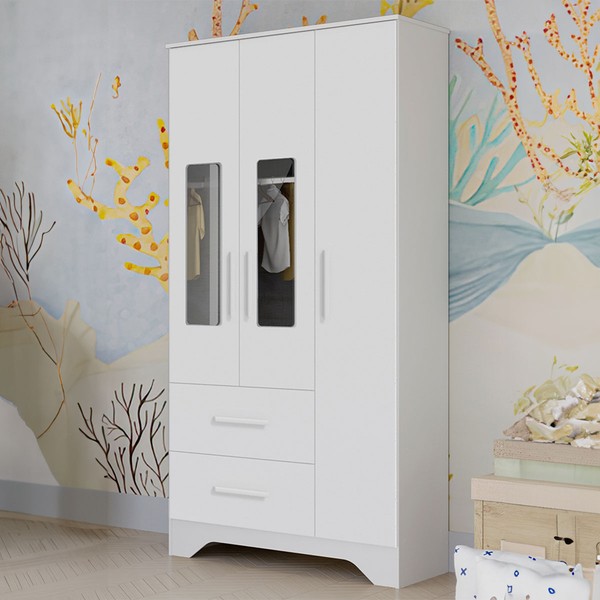 Guarda-Roupa de Bebê Popy Retrô 3 Portas 2 Gavetas 100% Mdf 3 Prateleiras Branco Brilho - Móveis Peroba