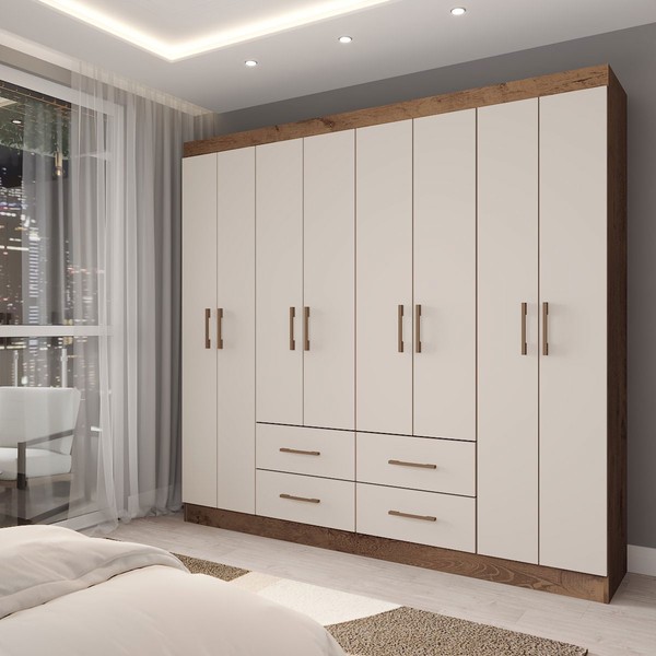 Guarda-Roupa Casal Colosseo 8 Portas 4 Gavetas Mocaccino Rústico/Natura/Off White - Panorama Móveis