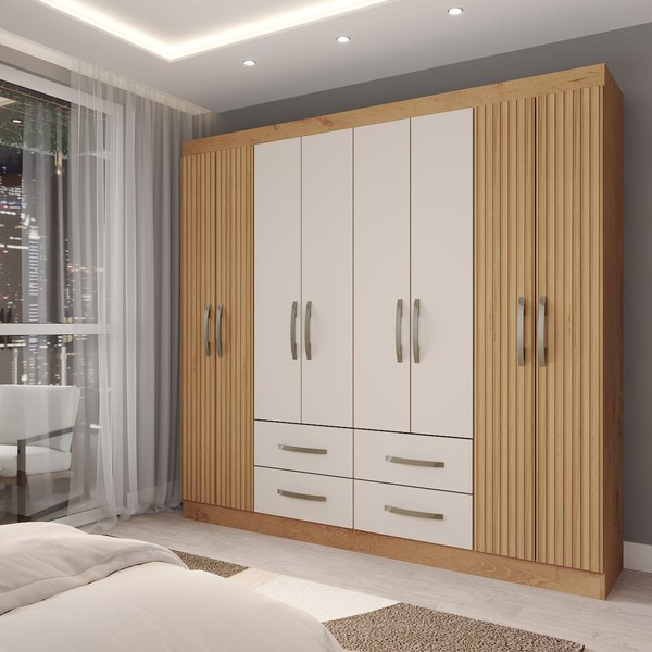 Guarda-Roupa Casal Colosseo 8 Portas 4 Gavetas Ripado Pintura 3d Canelato/Natura - Panorama Móveis