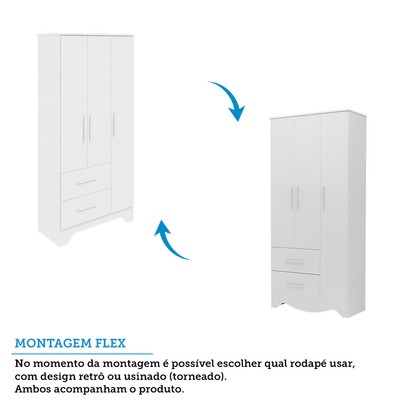 Guarda-Roupa de Bebê Popy Retrô 3 Portas 2 Gavetas 100% Mdf Branco Brilho - Móveis Peroba