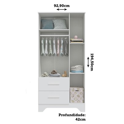 Guarda-Roupa de Bebê Popy Retrô 3 Portas 2 Gavetas 100% Mdf Branco Brilho - Móveis Peroba