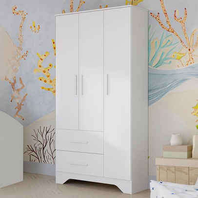 Guarda-Roupa de Bebê Popy Retrô 3 Portas 2 Gavetas 100% Mdf Branco Brilho - Móveis Peroba