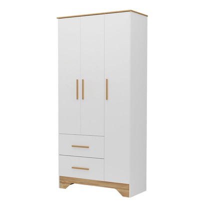 Guarda-Roupa de Bebê Popy Retrô 3 Portas 2 Gavetas 100% Mdf Branco Brilho/Amêndoa - Móveis Peroba