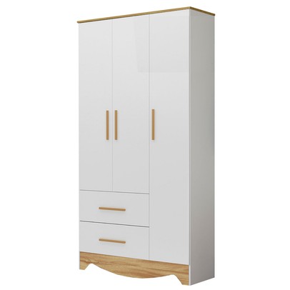 Guarda-Roupa de Bebê Popy Retrô 3 Portas 2 Gavetas 100% Mdf Branco Brilho/Amêndoa - Móveis Peroba