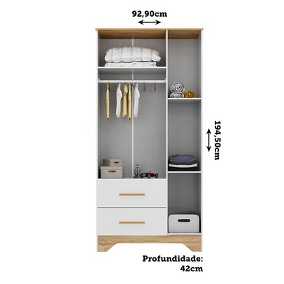 Guarda-Roupa de Bebê Popy Retrô 3 Portas 2 Gavetas 100% Mdf Branco Brilho/Amêndoa - Móveis Peroba
