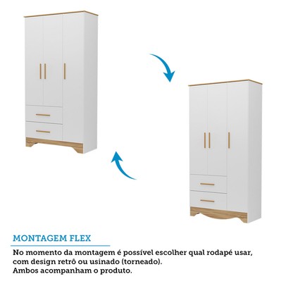 Guarda-Roupa de Bebê Popy Retrô 3 Portas 2 Gavetas 100% Mdf Branco Brilho/Amêndoa - Móveis Peroba