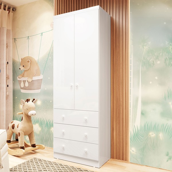 Guarda-Roupa de Bebê Smim New 2 Portas 3 Gavetas 100% Mdf Branco Brilho - Móveis Peroba