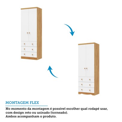 Guarda-Roupa de Bebê Smim New 2 Portas 3 Gavetas 100% Mdf Branco Brilho/Amêndoa - Móveis Peroba
