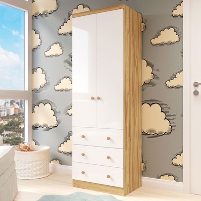 Guarda-Roupa de Bebê Smim New 2 Portas 3 Gavetas 100% Mdf Branco Brilho/Amêndoa - Móveis Peroba