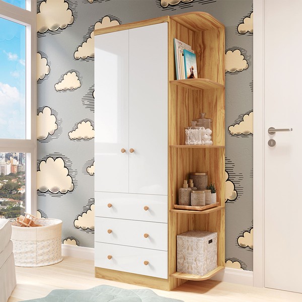 Guarda-Roupa de Bebê Smim New 2 Portas 3 Gavetas 5 Prateleiras 100% Mdf Branco/Amêndoa - Móveis Peroba